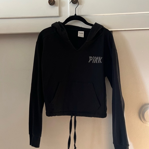 PINK crop black bling hoodie size S - Picture 2 of 2